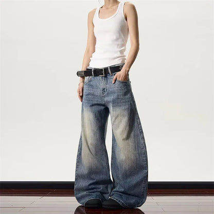Vintage Washed Blue Textured Wide Jeans