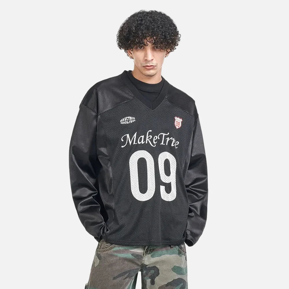 Bold Printed Mesh V-Neck Long Sleeve T-Shirt