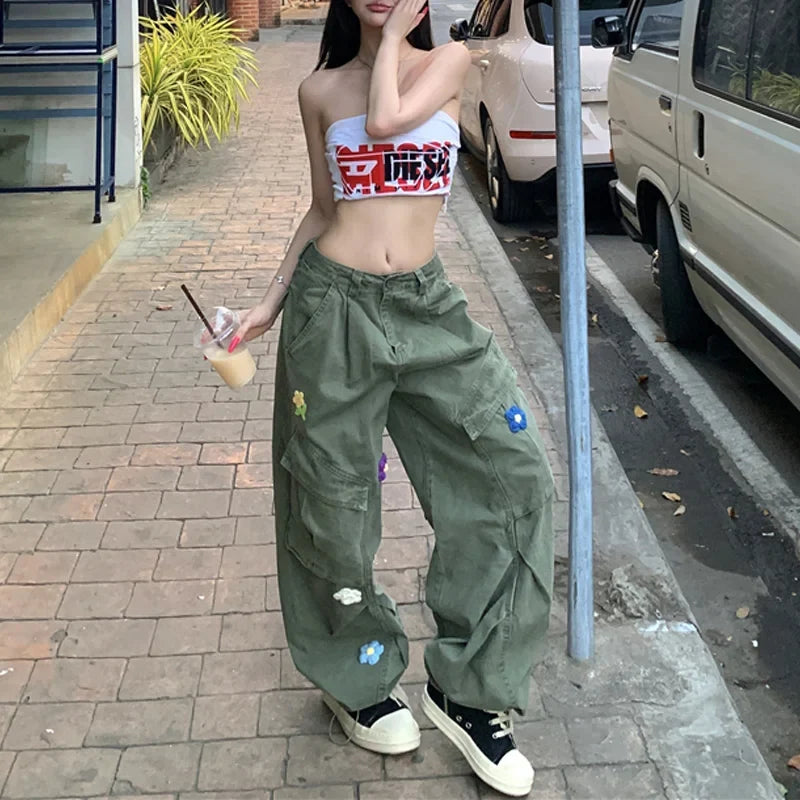 Vintage Green Flower Cargo Pants