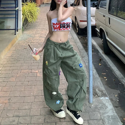 Vintage Green Flower Cargo Pants