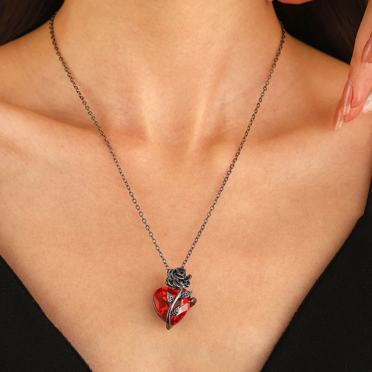 Model wearing the red Heart of Throns Necklace 