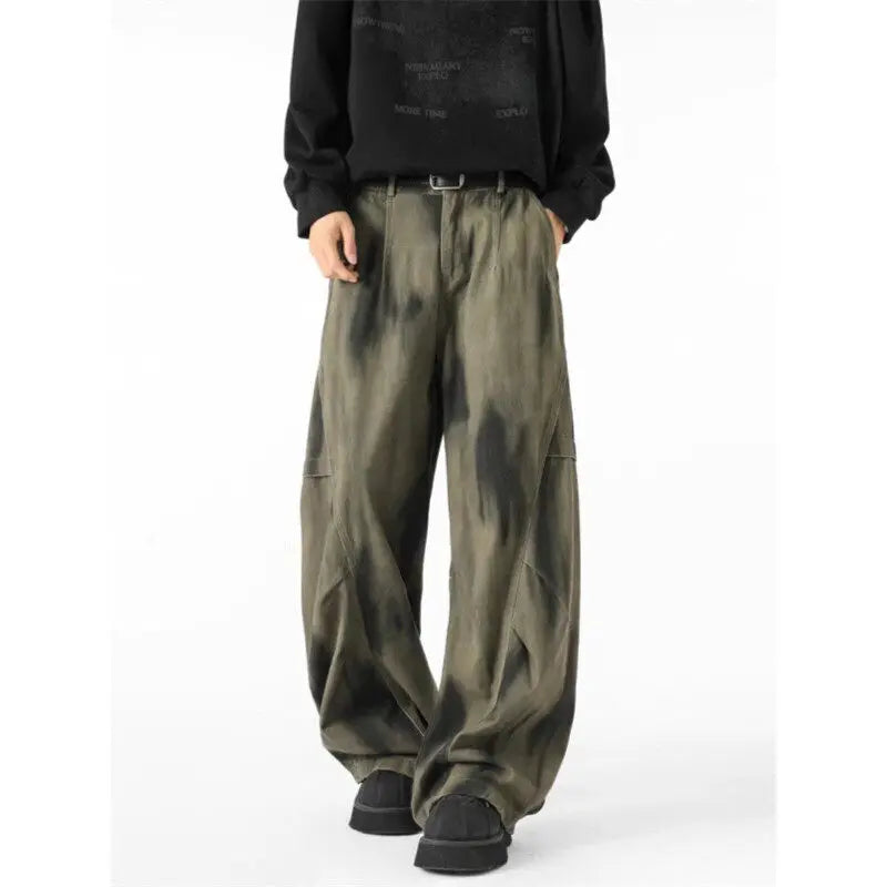 Distressed Tie Dye Denim Wide-Leg Jeans