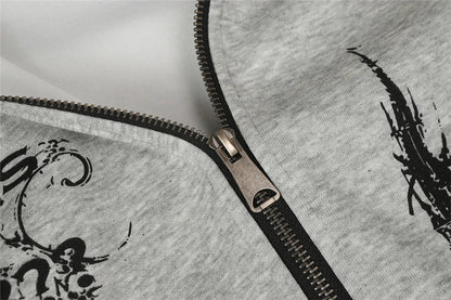 Y2K Retro Graffiti Zip-Up Fur-Collar Hooded Sweatshirt
