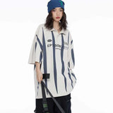 Women Retro Striped Lapel with Printed Polo T-Shirt