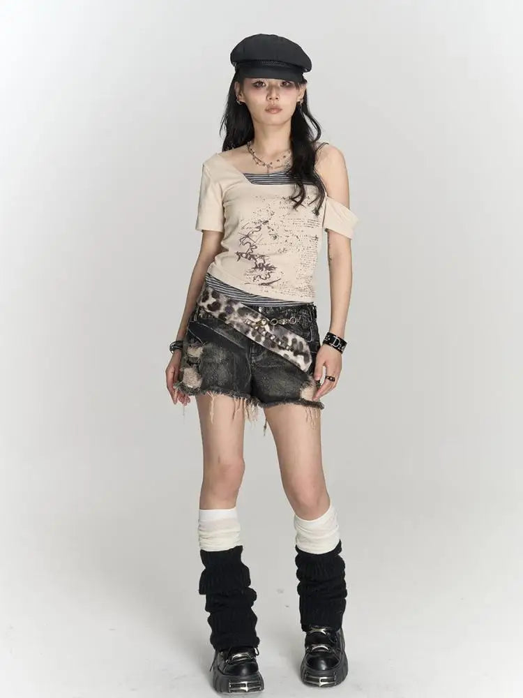 Vintage Gothic Patchwork Off-Shoulder T-Shirt