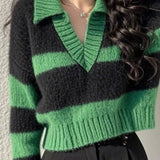 Vintage Green Striped Knitted Long Sleeve Sweater