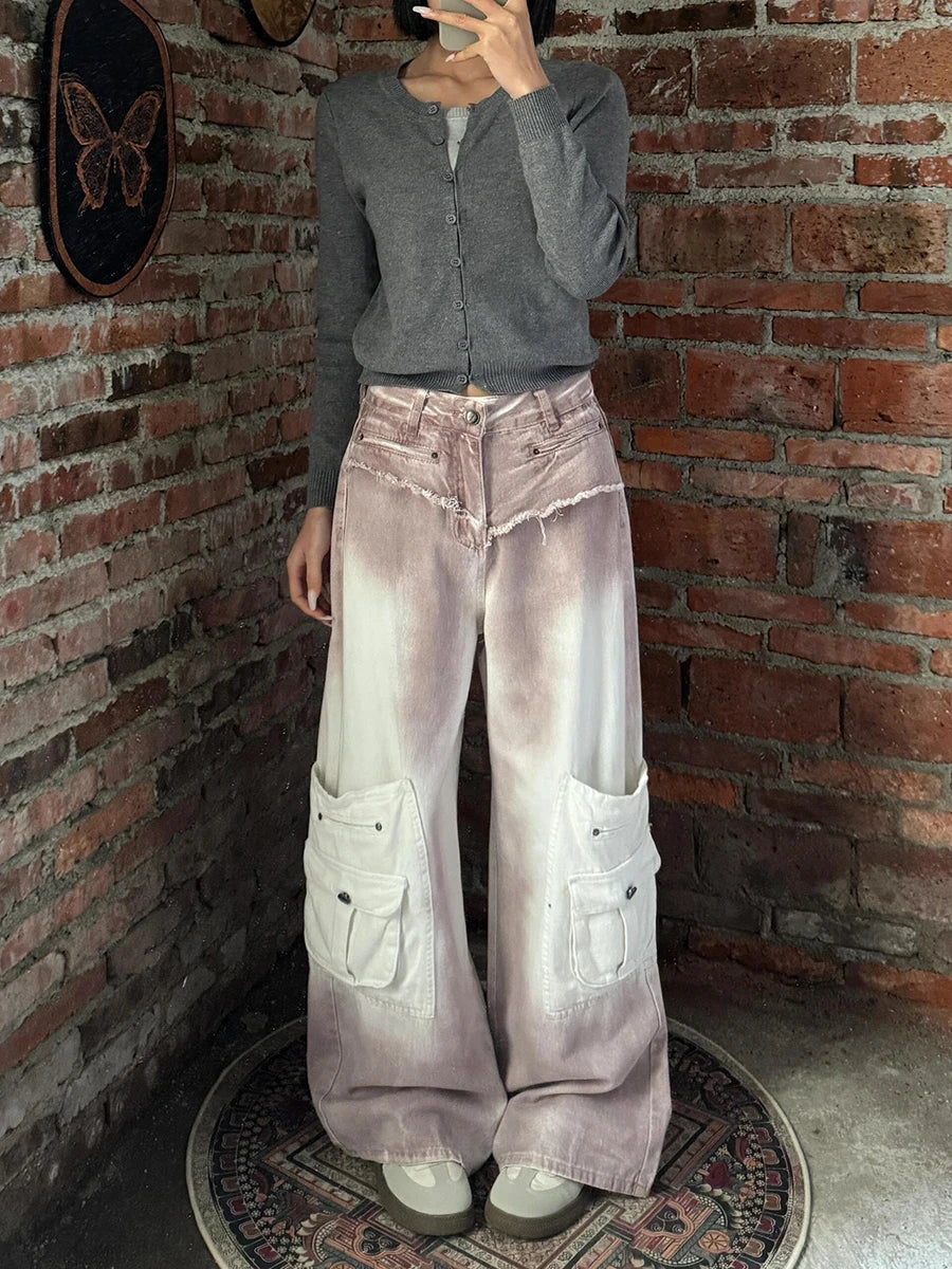 Durable High Waist Raw Edge Wide Leg Cargo Jeans