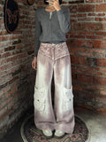 Durable High Waist Raw Edge Wide Leg Cargo Jeans