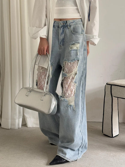 Women Retro Chic Lace Baggy Jeans