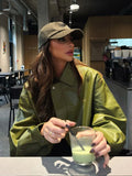 Women Casual Chic Green Lapel Collar PU Leather Jacket