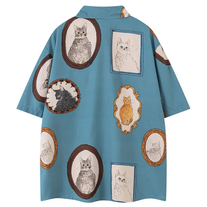 Oversized Loose Cat Graphic Button-Up Shirt