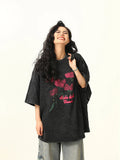 Washed Black Rose Print Round T-Shirt