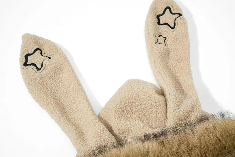 Winter Cozy Faux Fur Collar Rabbit Ear Hooded Jacket