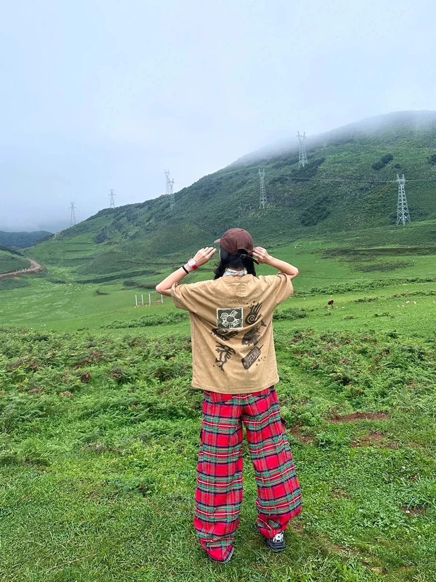 Red Plaid Grunge High Waist Loose Cargo Pants
