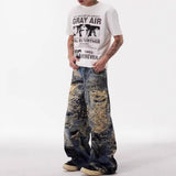 Retro 3D Printed Cool Ripped Wide Leg Jeans