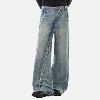 Vintage Washed Diagonal Placket Button Jeans