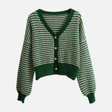 Plaid Spliced Pearl Button Knitted Cardigan