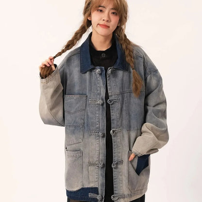 Chinese Style Retro Spliced Casual Denim Jacket
