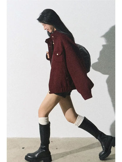 Red Woolen Commuting Baseball Jacket