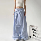 Women Vintage Korean Striped Lace-Up Pants