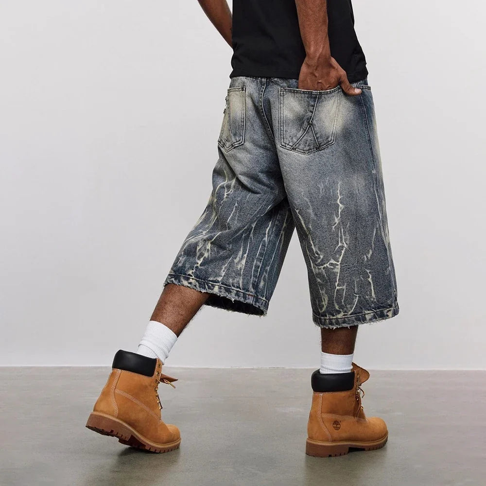 Lightning Pattern Washed Cropped Denim Jorts