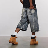 Lightning Pattern Washed Cropped Denim Jorts