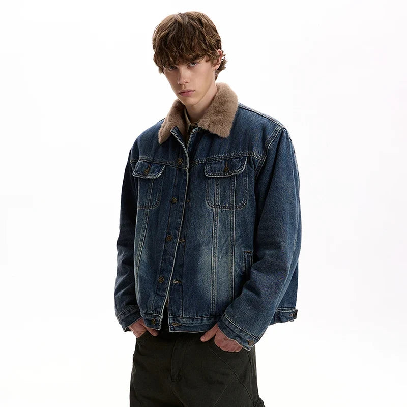 Durable Style Brushed Fur Collar Denim Jacket
