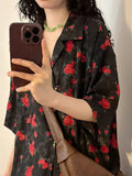 Women Vintage Japanes Style Flower Print Loose Blouse Shirt