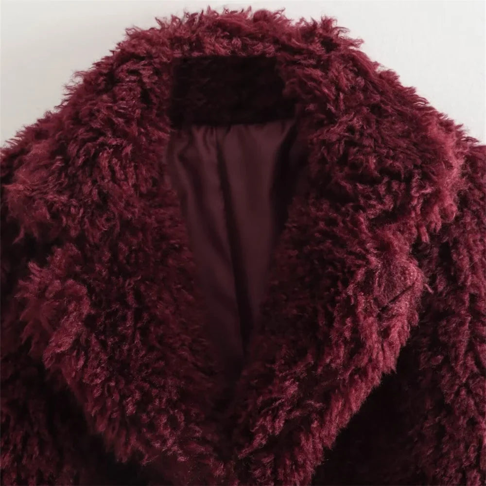 Y2K Comfortable Red Angora Faux Fur Jacket