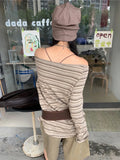Women Streetwear Vintage Striped Slash Neck Grunge T-Shirt