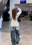 Japanese Style Printing Wide Leg Denim Jeans
