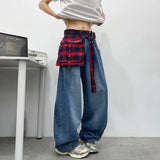 Retro Cool Plaid Printed Loose Denim Jeans