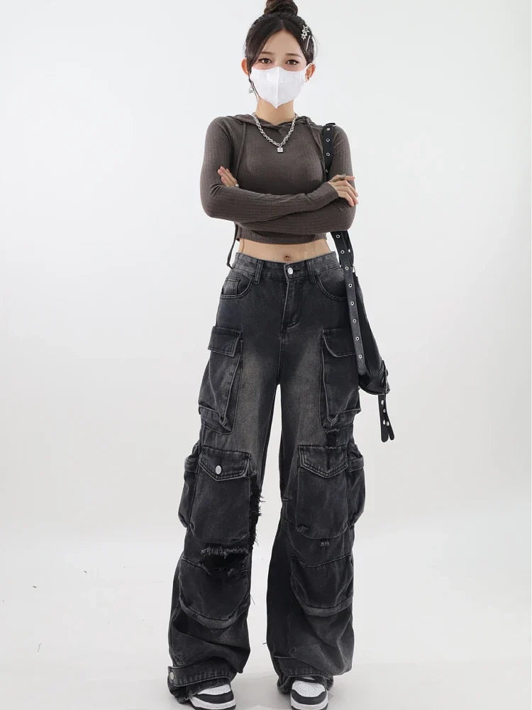Y2K Belted Dark Wash Cargo Jeans