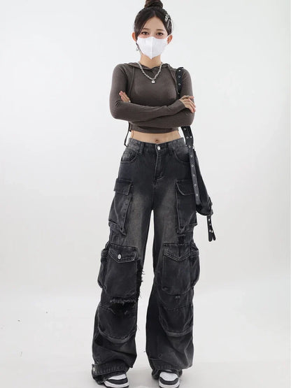 Y2K Belted Dark Wash Cargo Jeans