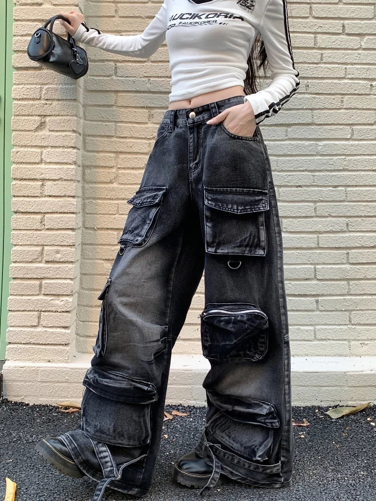 Black Washed Streetware Baggy Cargo Jeans