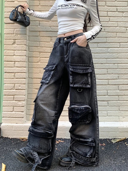 Black Washed Streetware Baggy Cargo Jeans