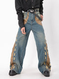Vintage Distressed Studded Leather Patchwork Jeans