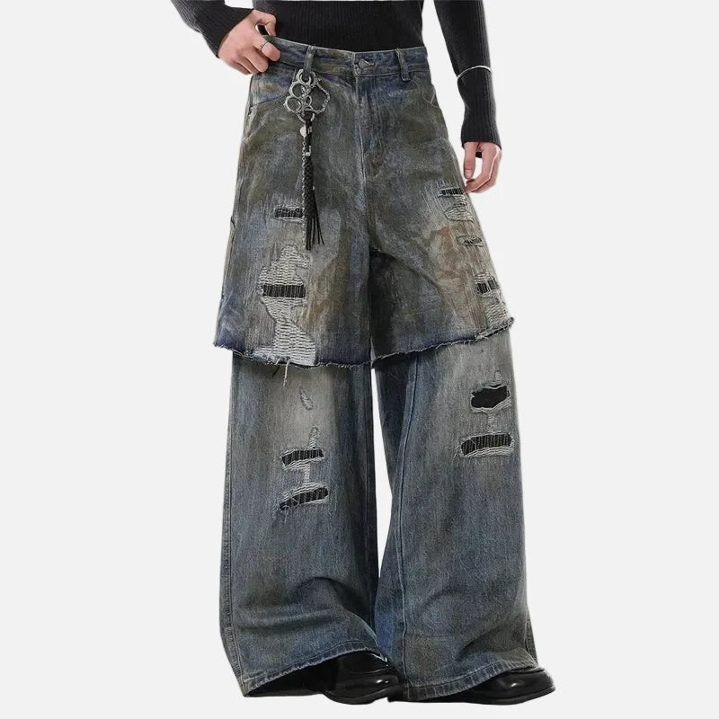 Durable Ripped Fake Two Piece Wide Leg Jeans