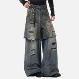 Durable Ripped Fake Two Piece Wide Leg Jeans