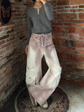 Durable High Waist Raw Edge Wide Leg Cargo Jeans