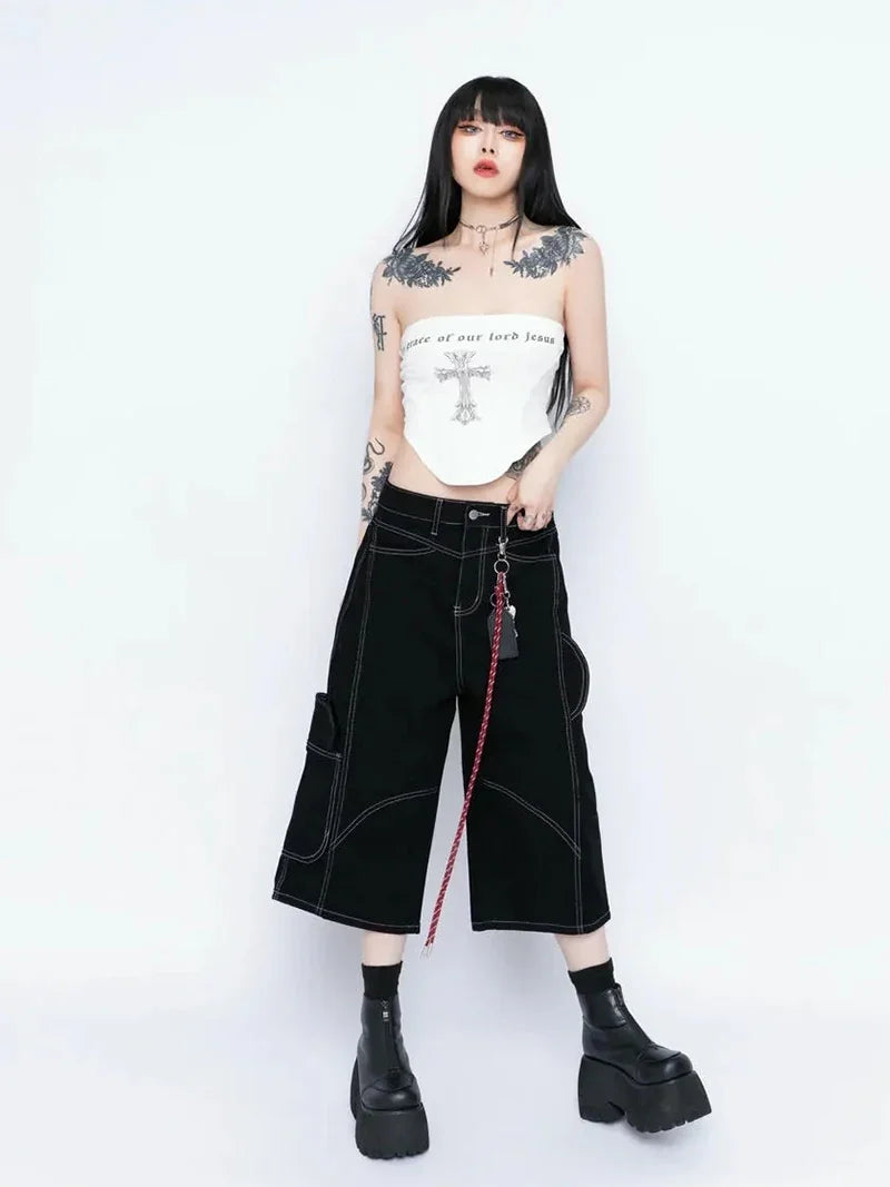 Patchwork Black Retro Wide Leg Jorts
