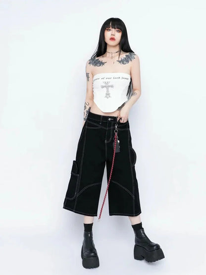 Patchwork Black Retro Wide Leg Jorts