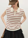 Women Casual Striped Knit Sleeveless Button Collar T-Shirt