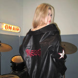 Women Streetwear Embroidered Motorcycle Leather Jacket