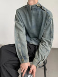 Y2K Washed Buckle Collar Motorcycle Denim Jacket