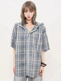 Women Hip Hop Retro Plaid Loose Hooded Blouse Shirt