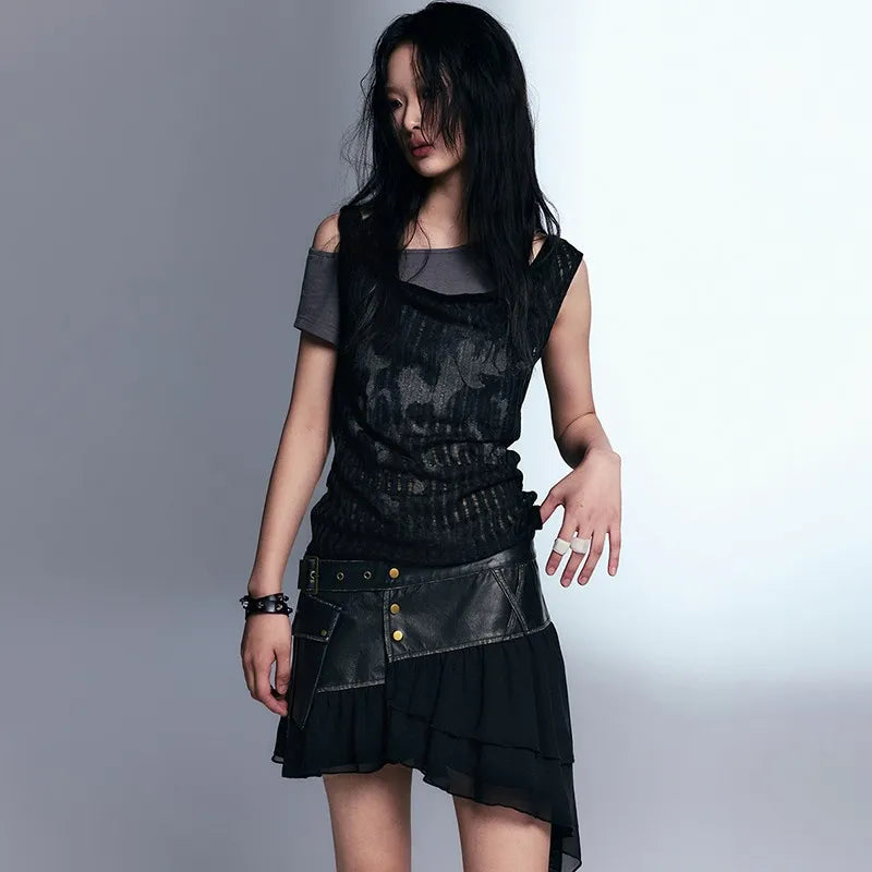 Model wearing the black Boho Chic Layered T-Shirt