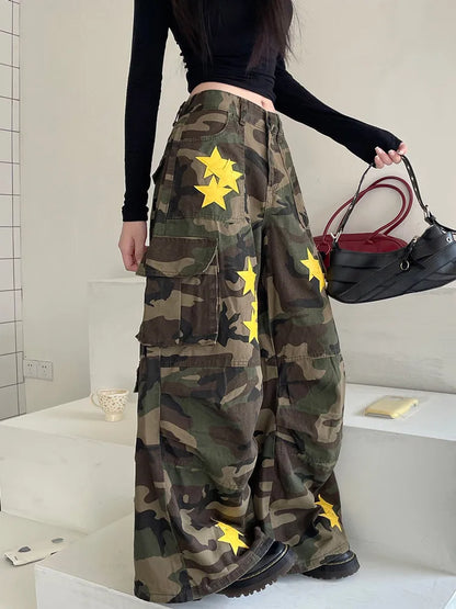Model wearing the Camouflage Star-Studded Cargo Pants