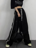 Women Vintage Striped High Waist Black Casual Pants