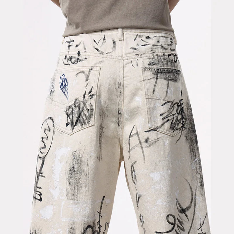 Streetwear American Graffiti Ripped Loose Wide Leg Jeans